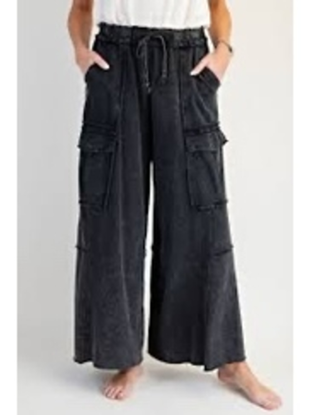 Easel Feeling Good Mineral Wash Wide Leg Cargo Utility Pants Black Medium